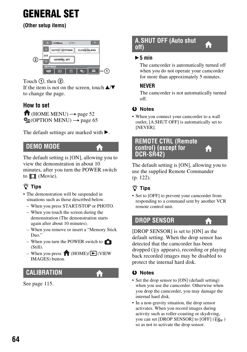 General set, On (p. 64), Other setup items) | P. 64), Demo mode calibration | Sony DCR-SR300C User Manual | Page 64 / 131