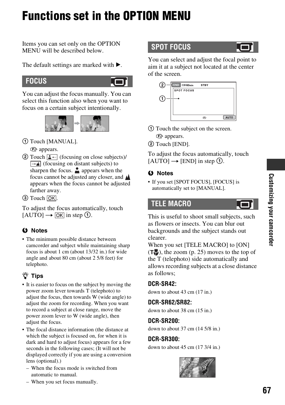 Functions set in the option menu, P. 67), Focus spot focus tele macro | Sony DCR-SR300C User Manual | Page 67 / 131