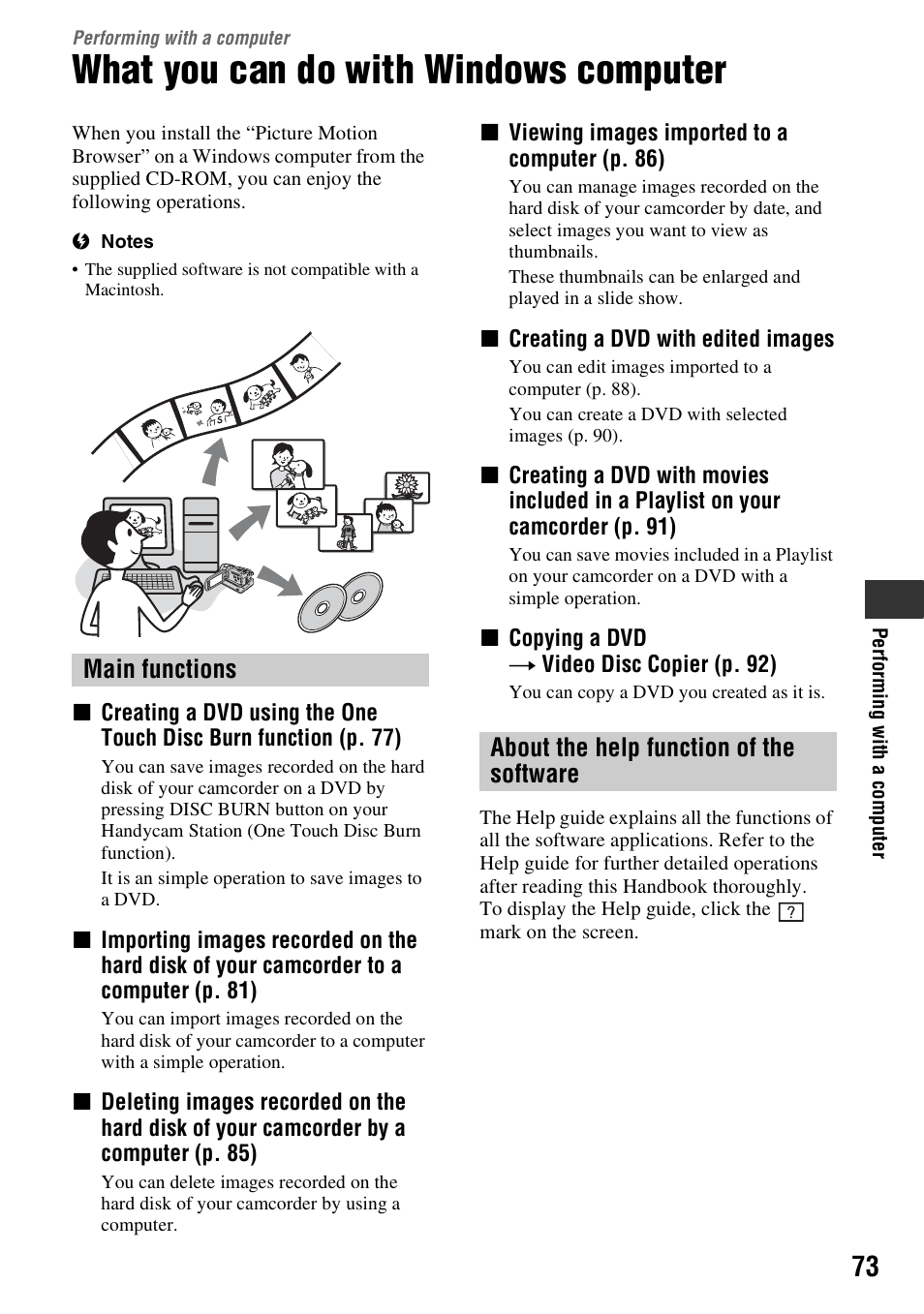 Performing with a computer, What you can do with windows computer, Performing with | A computer, 1) (p. 73), P. 73 | Sony DCR-SR300C User Manual | Page 73 / 131