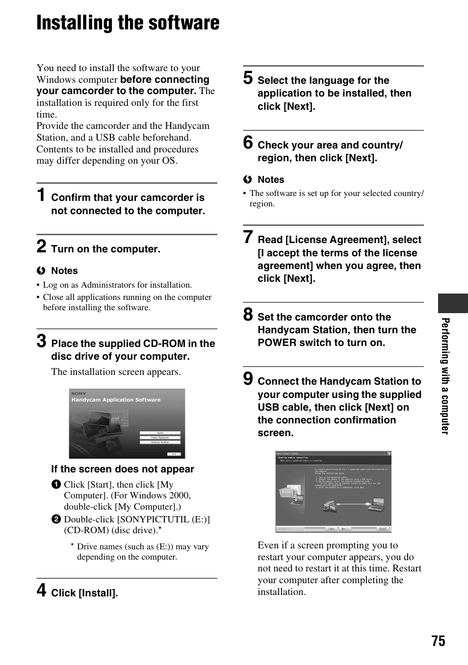 Installing the software | Sony DCR-SR300C User Manual | Page 75 / 131