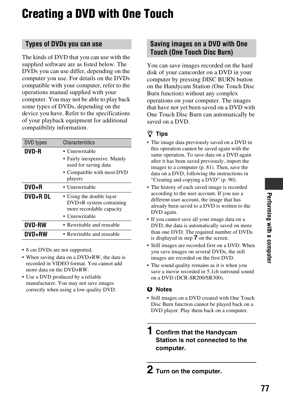 Creating a dvd with one touch, P. 77) | Sony DCR-SR300C User Manual | Page 77 / 131