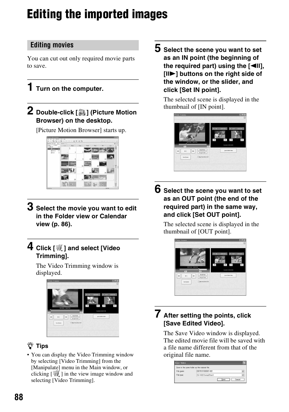 Editing the imported images, P. 88) | Sony DCR-SR300C User Manual | Page 88 / 131