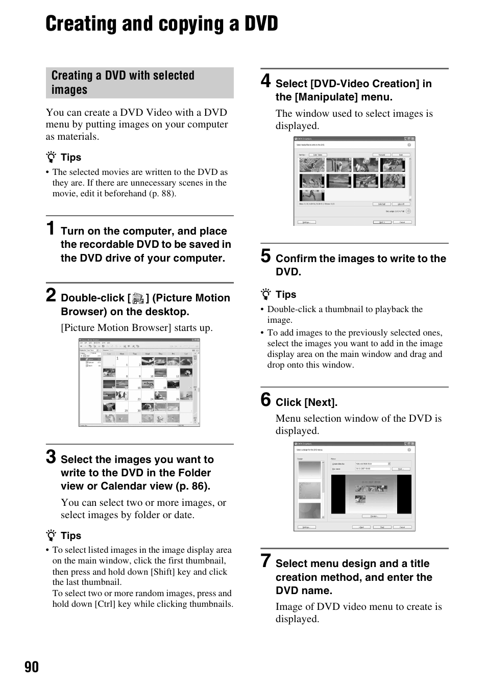 Creating and copying a dvd, P. 90), Creating and copying a dvd” (p. 90) | In “creating and copying a dvd” (p. 90) | Sony DCR-SR300C User Manual | Page 90 / 131