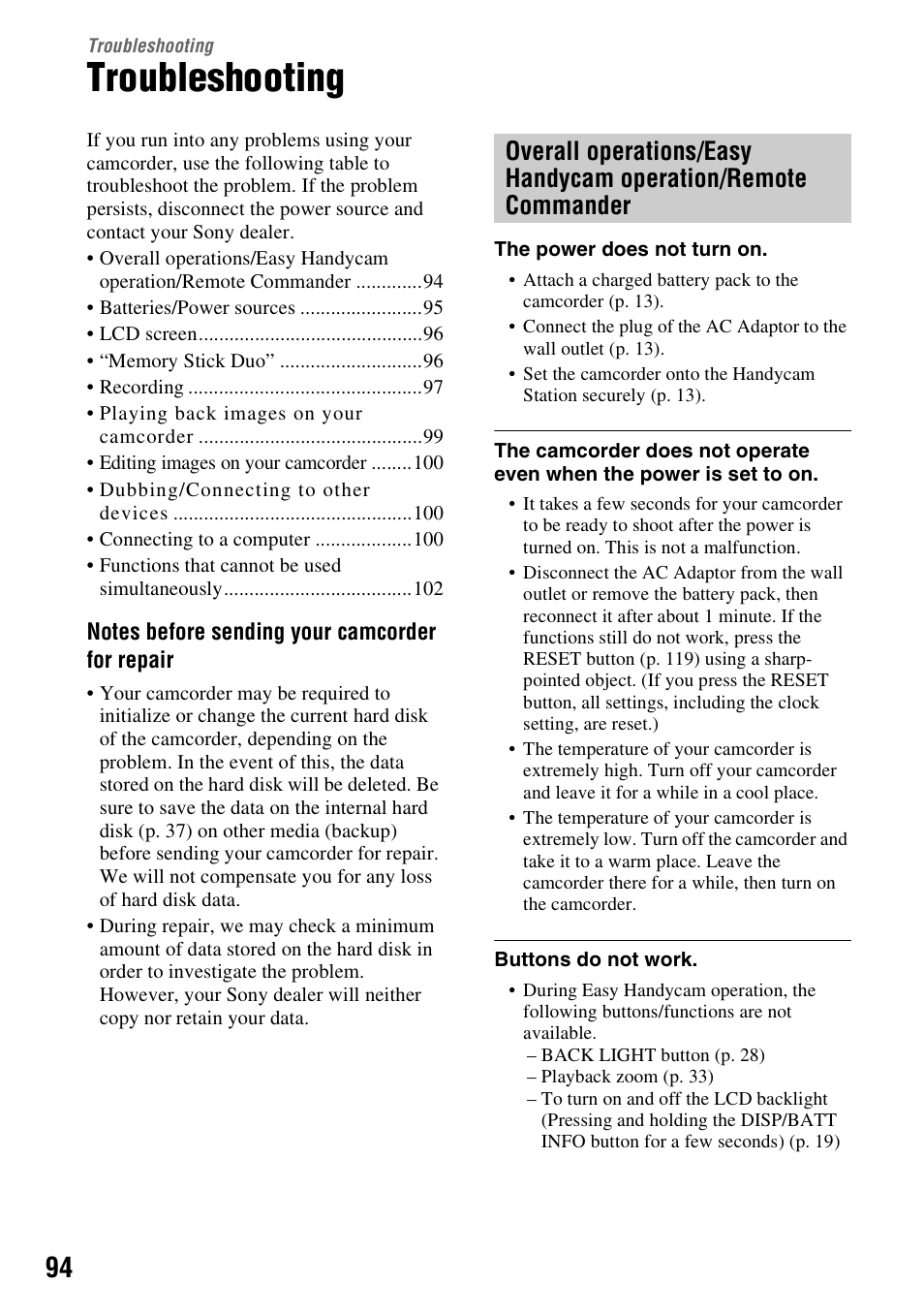 Troubleshooting | Sony DCR-SR300C User Manual | Page 94 / 131