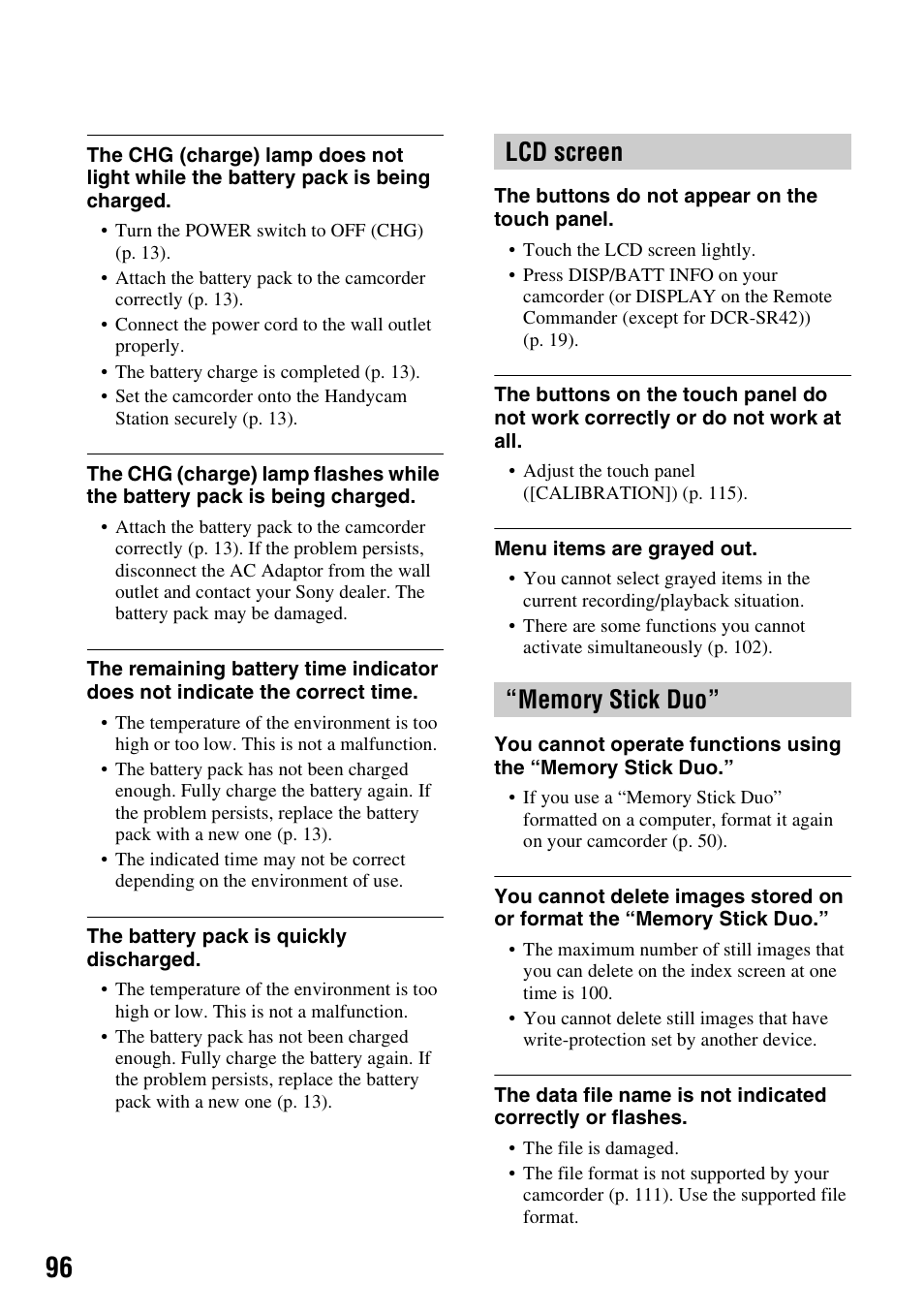 Lcd screen, Memory stick duo | Sony DCR-SR300C User Manual | Page 96 / 131