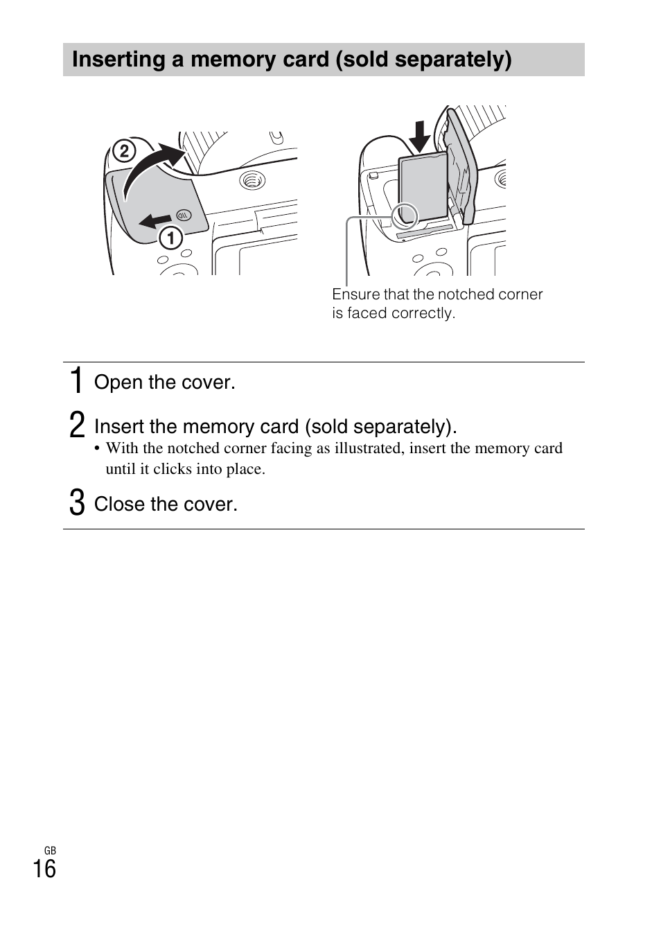 Inserting a memory card (sold separately) | Sony DSC-HX400V User Manual | Page 16 / 80