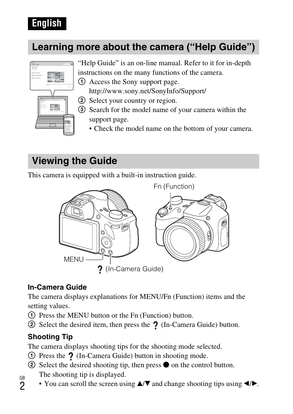 English, Learning more about the camera (“help guide”), Viewing the guide | Sony DSC-HX400V User Manual | Page 2 / 80