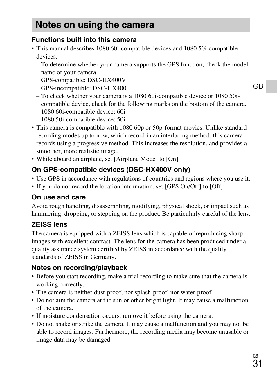 Notes on using the camera | Sony DSC-HX400V User Manual | Page 31 / 80