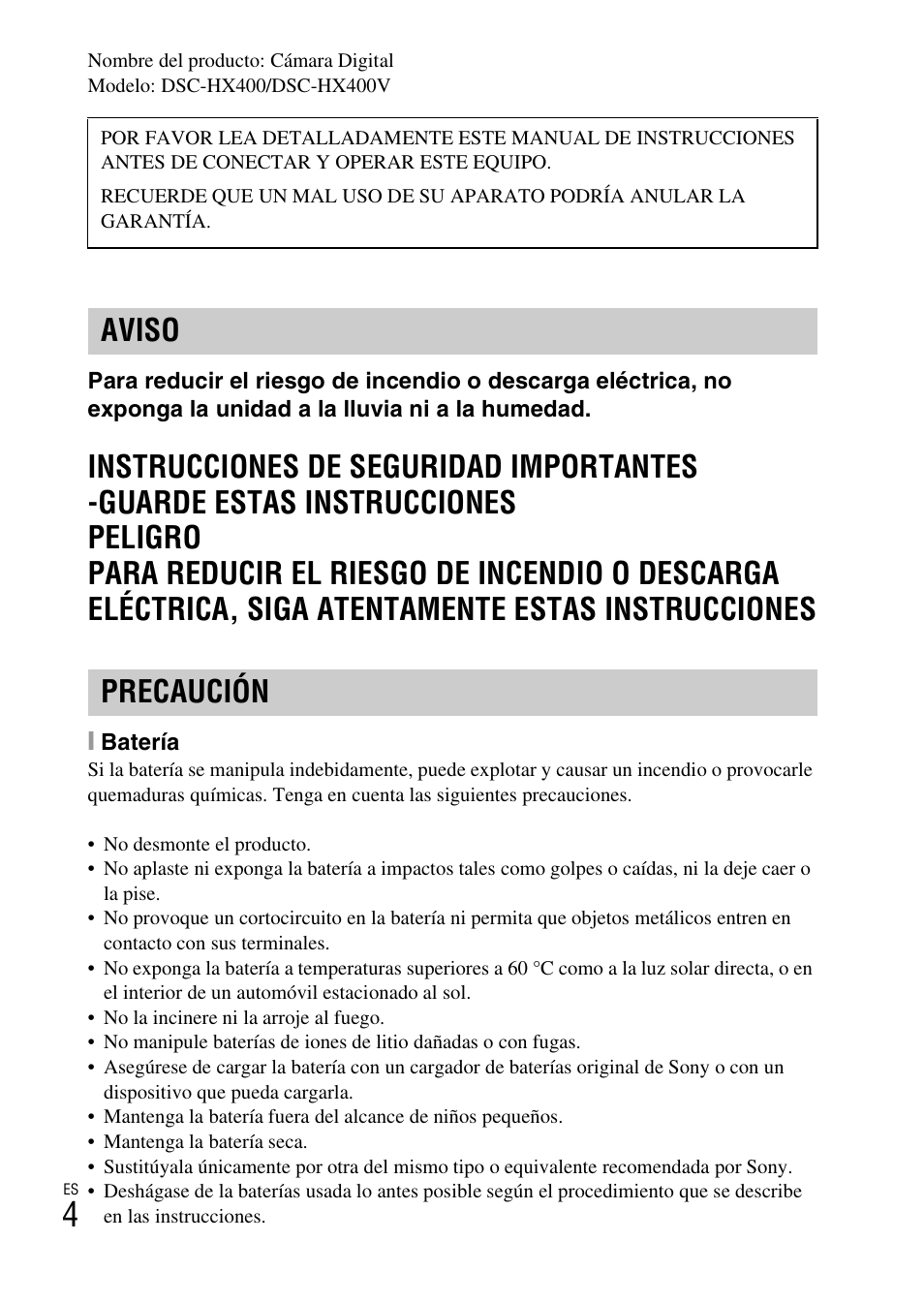 Aviso precaución | Sony DSC-HX400V User Manual | Page 40 / 80