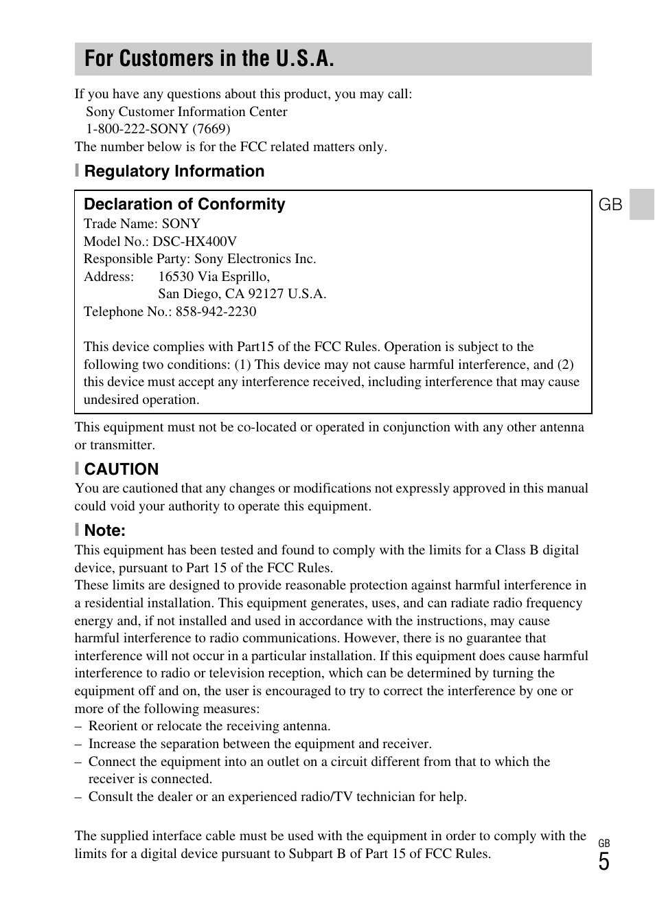 For customers in the u.s.a | Sony DSC-HX400V User Manual | Page 5 / 80