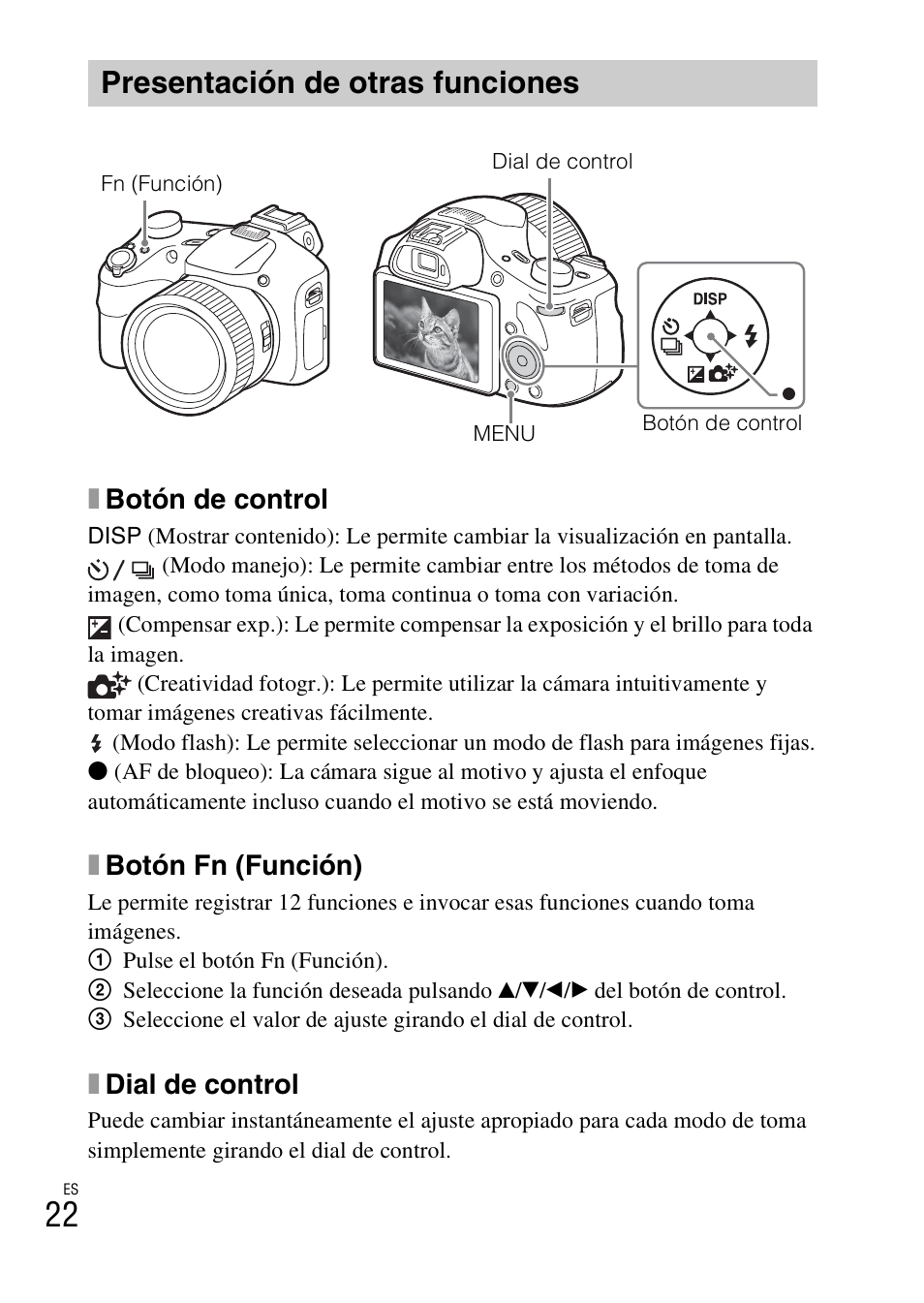 Presentación de otras funciones, Xbotón de control, Xbotón fn (función) | Xdial de control | Sony DSC-HX400V User Manual | Page 58 / 80