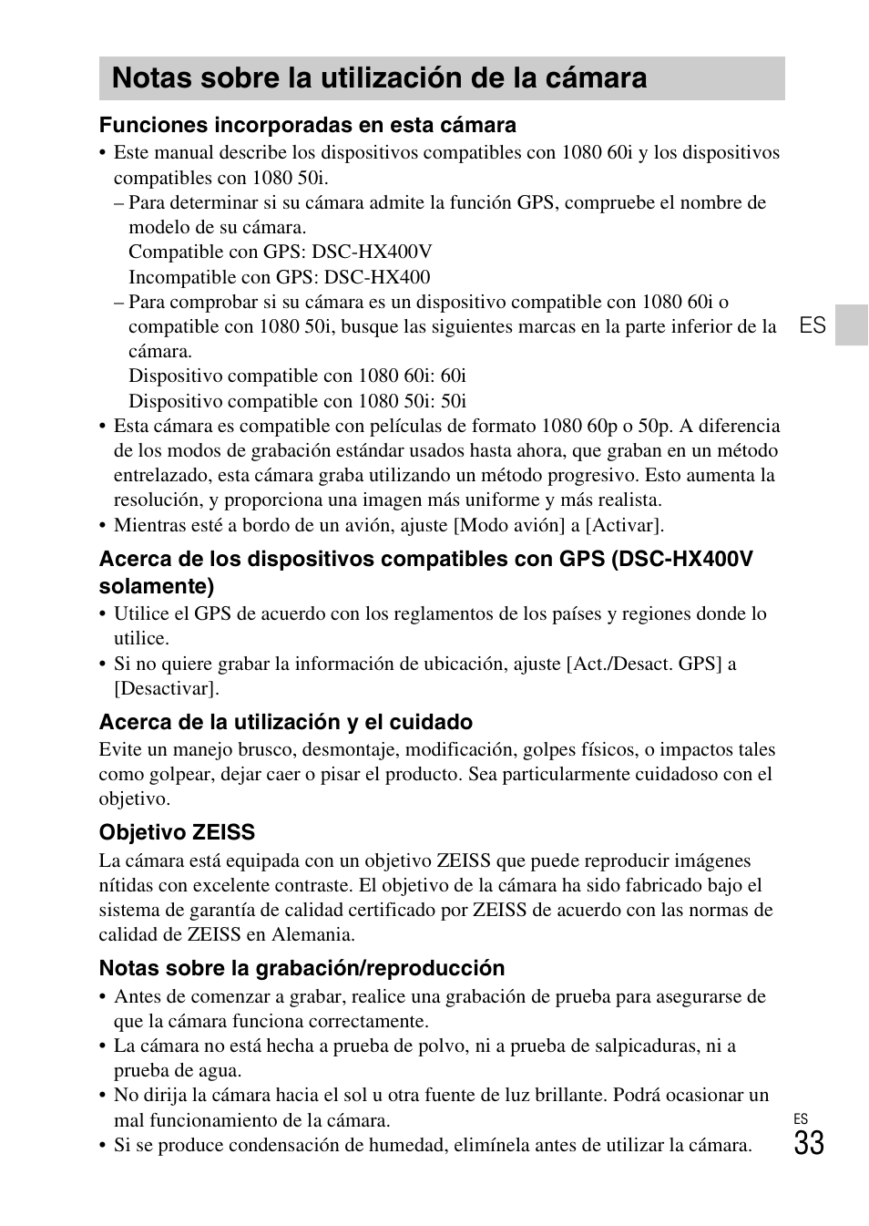 Notas sobre la utilización de la cámara | Sony DSC-HX400V User Manual | Page 69 / 80