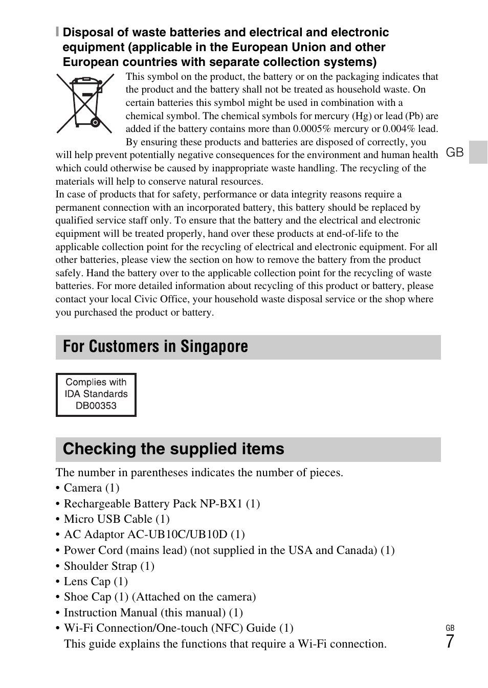 Checking the supplied items | Sony DSC-HX400V User Manual | Page 7 / 80