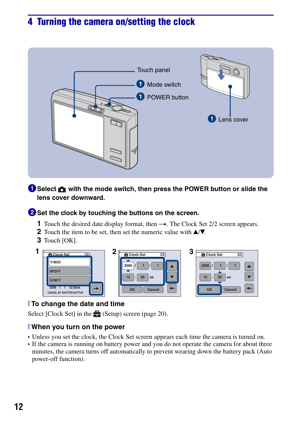 4 turning the camera on/setting the clock, When you turn on the power, Touch [ok | Sony DSC-T50 User Manual | Page 12 / 32