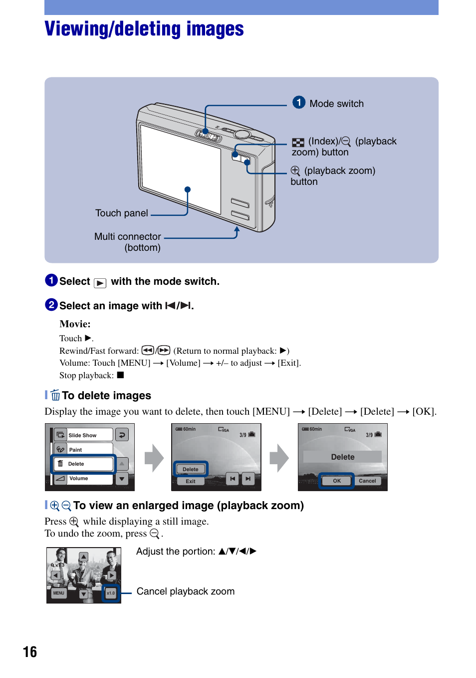 Viewing/deleting images | Sony DSC-T50 User Manual | Page 16 / 32