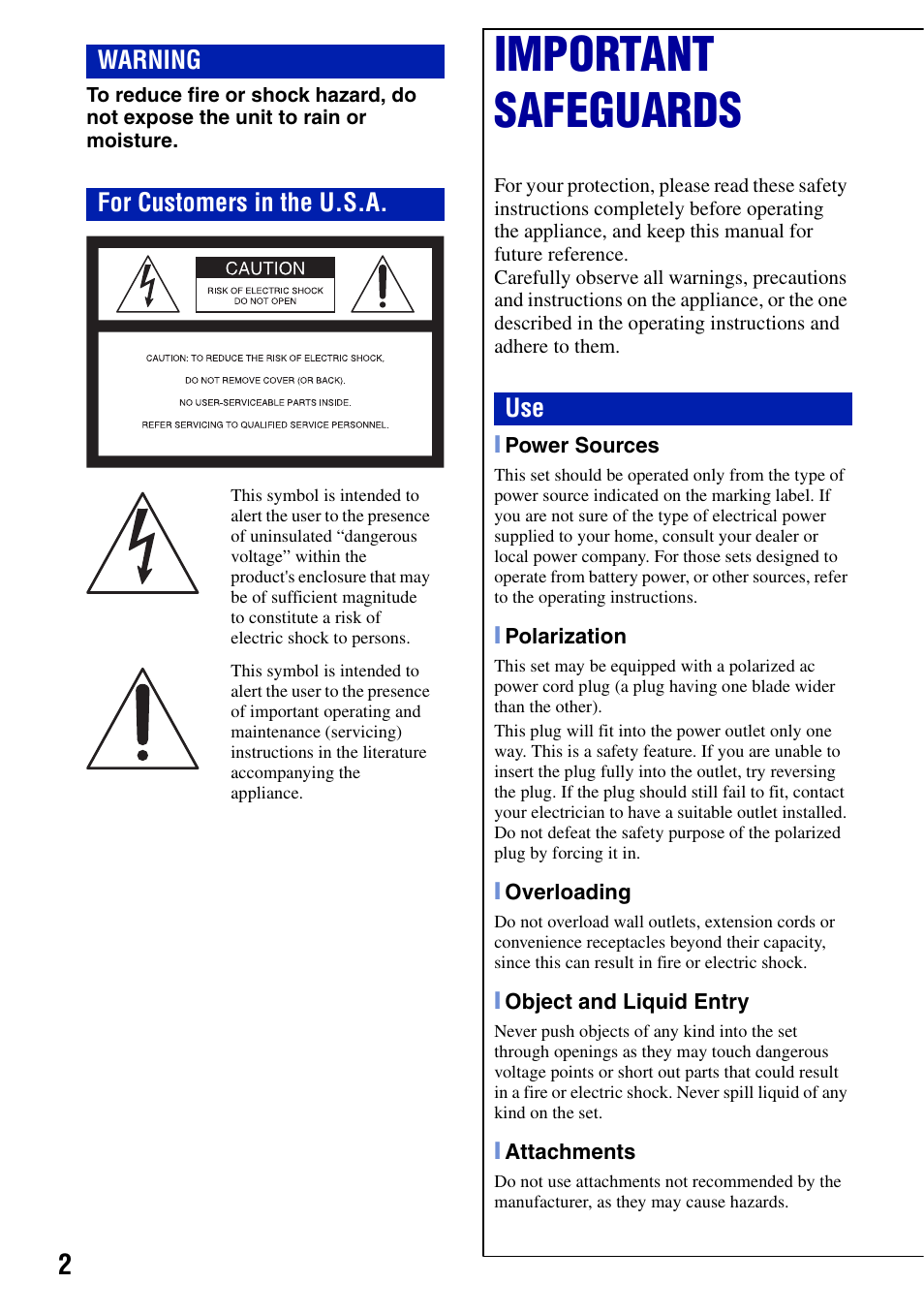 Important safeguards, Warning for customers in the u.s.a | Sony DSC-T50 User Manual | Page 2 / 32