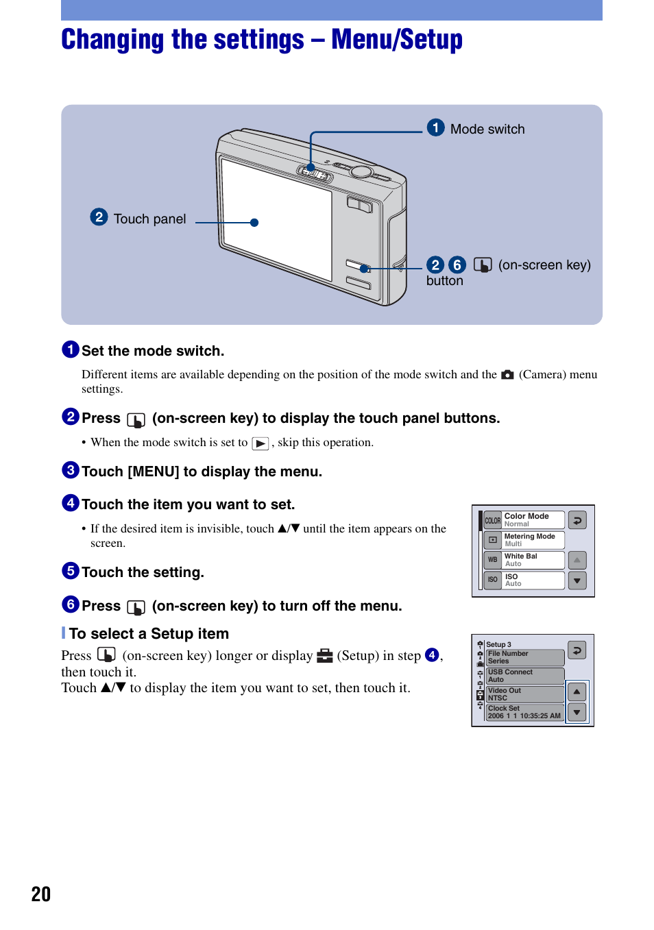 Changing the settings - menu/setup, Changing the settings – menu/setup | Sony DSC-T50 User Manual | Page 20 / 32