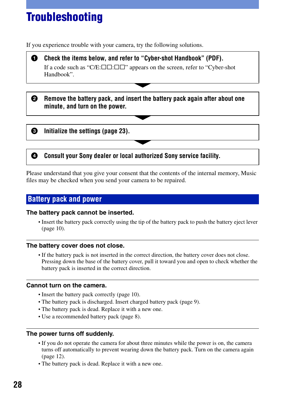 Troubleshooting, Battery pack and power | Sony DSC-T50 User Manual | Page 28 / 32