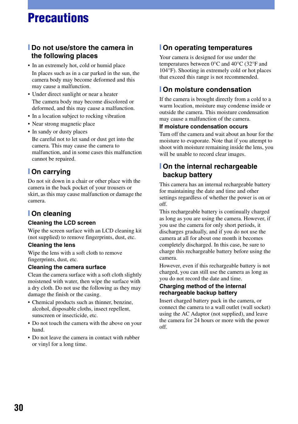 Precautions | Sony DSC-T50 User Manual | Page 30 / 32