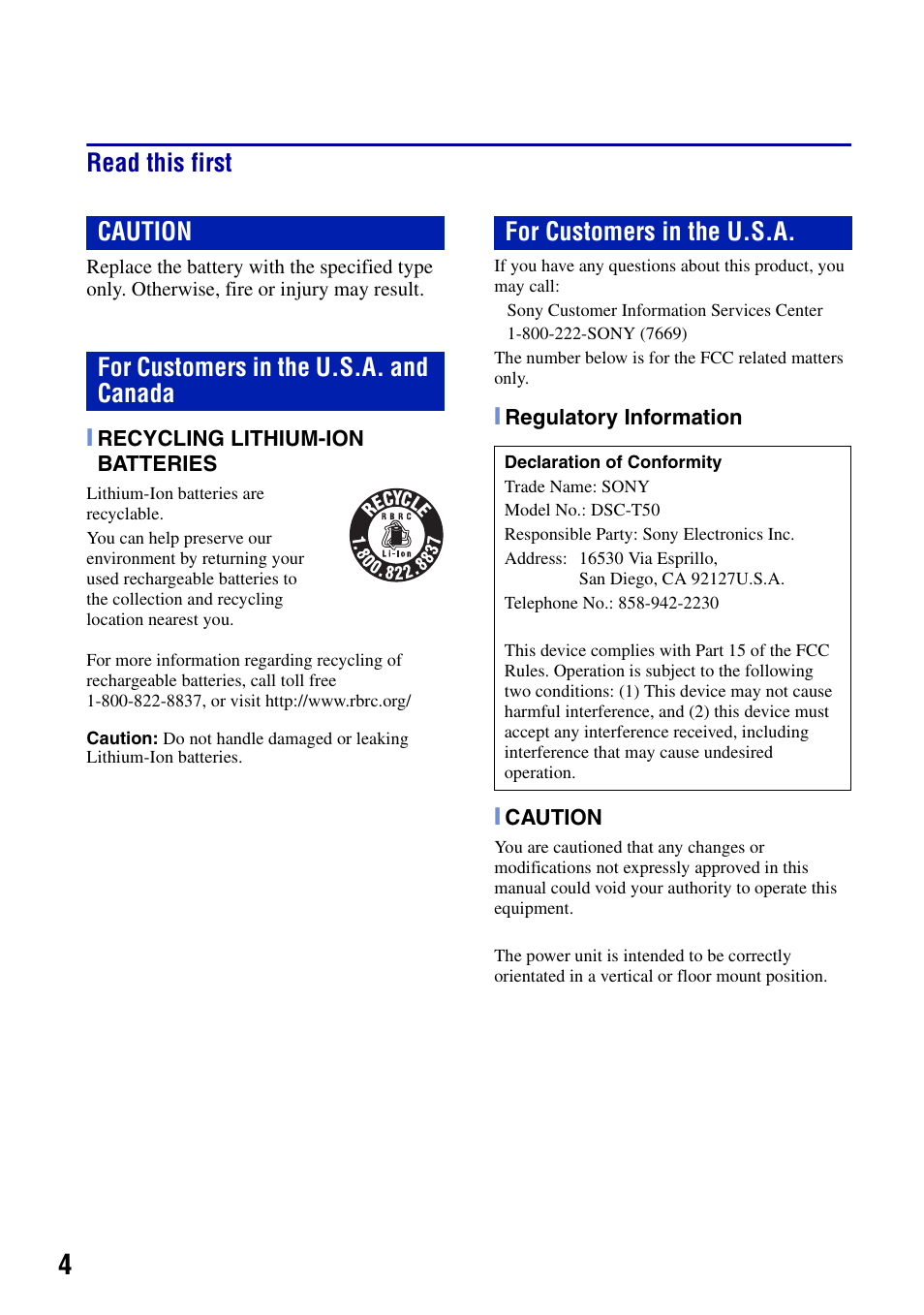 Read this first | Sony DSC-T50 User Manual | Page 4 / 32