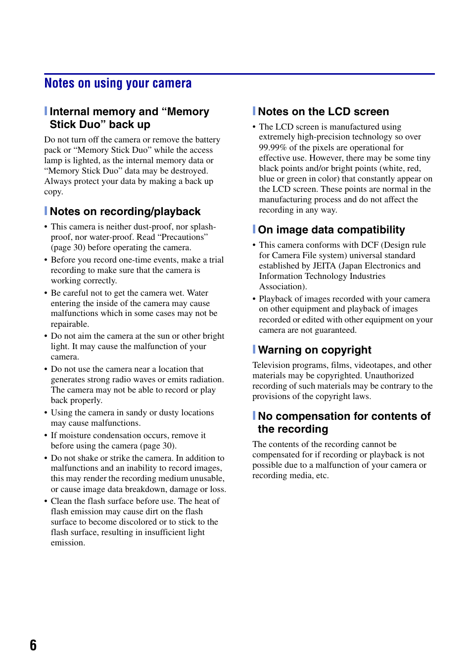 Notes on using your camera | Sony DSC-T50 User Manual | Page 6 / 32