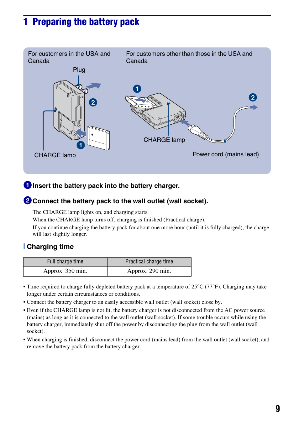 1 preparing the battery pack | Sony DSC-T50 User Manual | Page 9 / 32