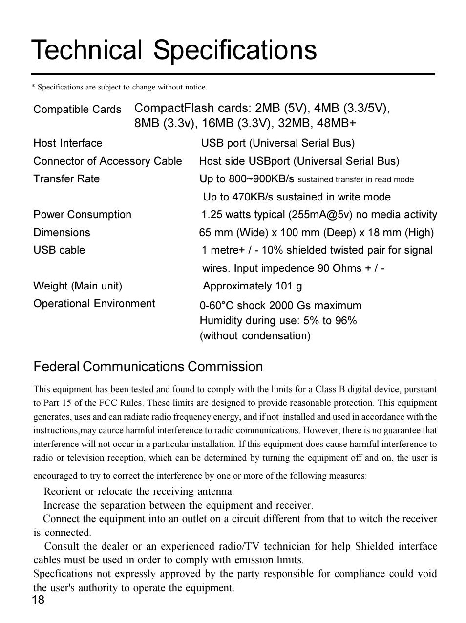 Technical specifications, Federal communications commission | Apricorn 09N0692 User Manual | Page 18 / 20