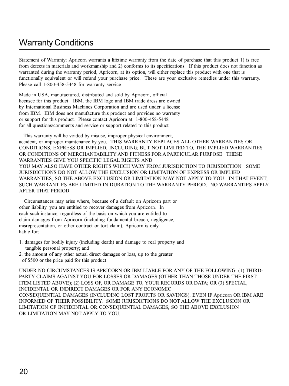 Warranty conditions | Apricorn 09N0692 User Manual | Page 20 / 20