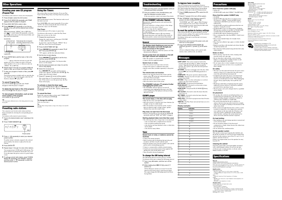 Other operations, Troubleshooting, Messages | Precautions, Speciﬁcations | Sony CMT-HPR90 User Manual | Page 2 / 2