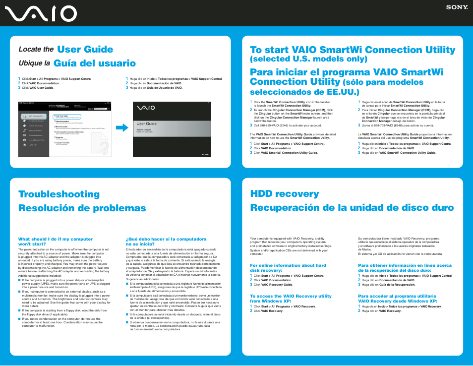 Troubleshooting resolución de problemas, User guide, Selected u.s. models only) | Sólo para modelos seleccionados de ee.uu.), Locate the, Ubique la | Sony VGN-TX750P User Manual | Page 2 / 2