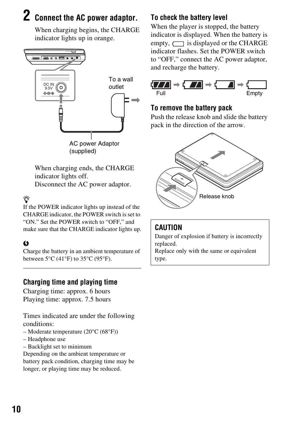 Connect the ac power adaptor, Charging time and playing time, Caution | Ac power adaptor (supplied) to a wall outlet, Full empty release knob | Sony DVP-FX950 User Manual | Page 10 / 40