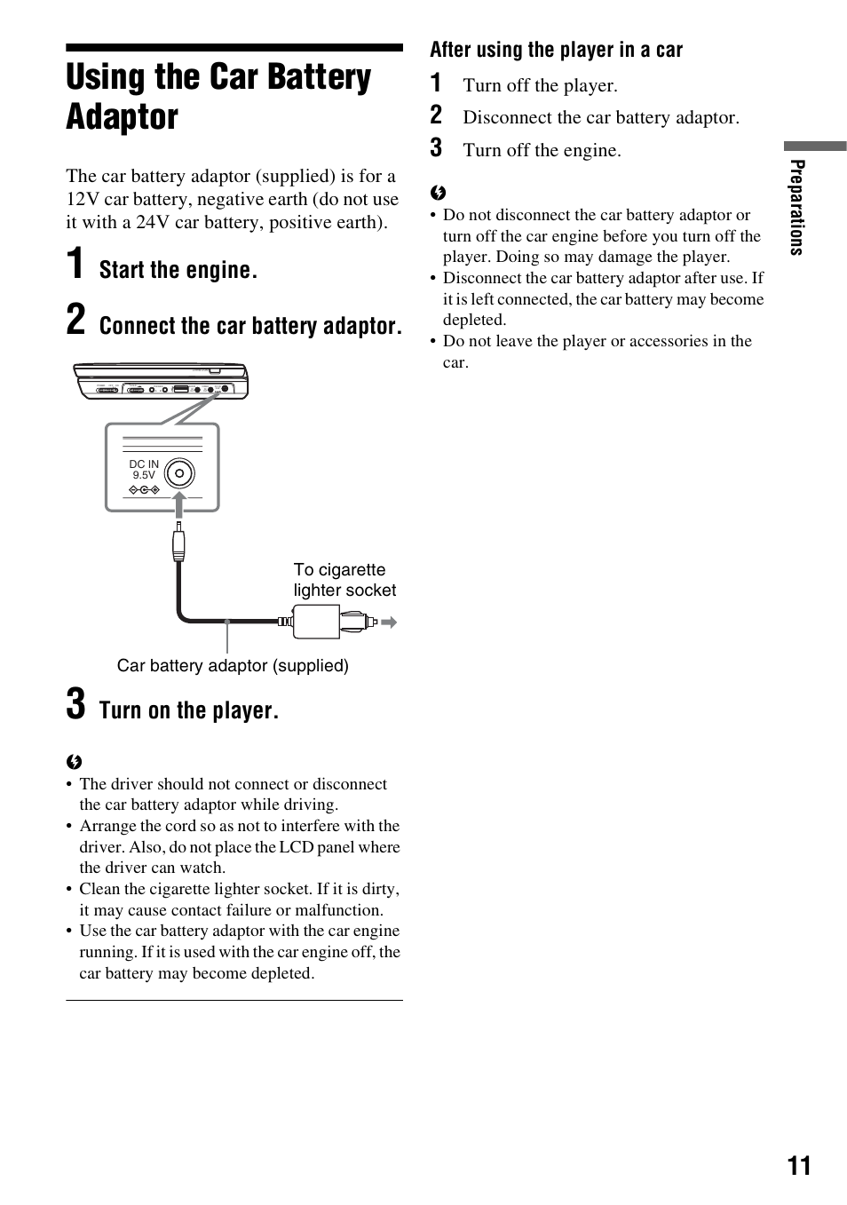 Using the car battery adaptor, Start the engine, Connect the car battery adaptor | Turn on the player, After using the player in a car, Turn off the player, Disconnect the car battery adaptor, Turn off the engine | Sony DVP-FX950 User Manual | Page 11 / 40