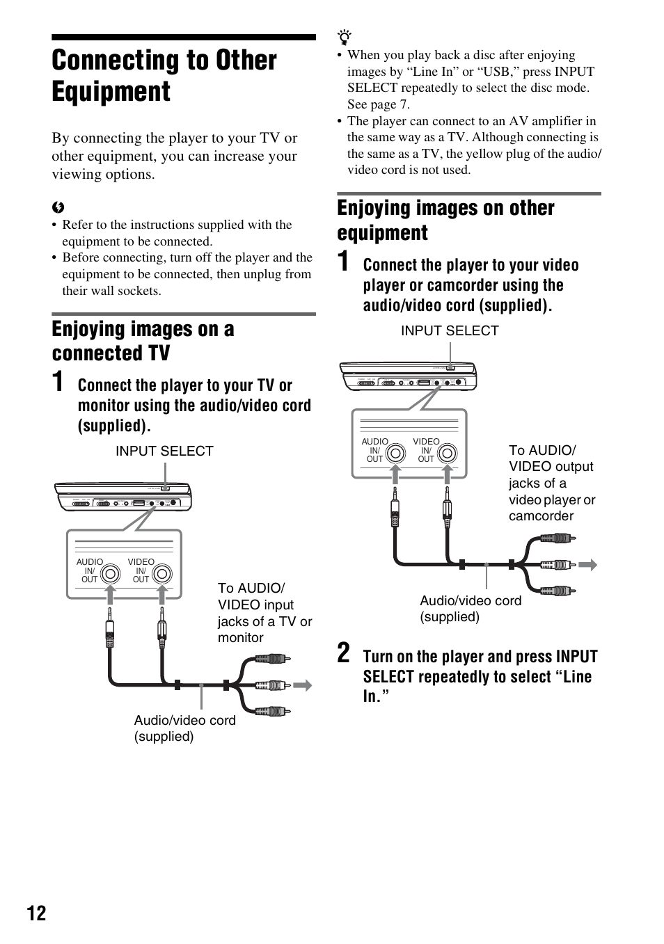 Connecting to other equipment, Enjoying images on a connected tv, Enjoying images on other equipment | Sony DVP-FX950 User Manual | Page 12 / 40