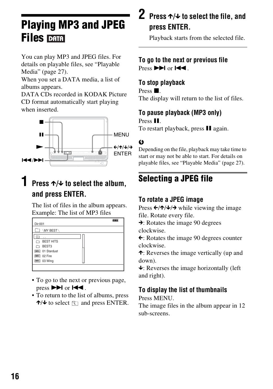 Playing mp3 and jpeg files, Selecting a jpeg file, Press x / x to select the album, and press enter | Press x / x to select the file, and press enter | Sony DVP-FX950 User Manual | Page 16 / 40