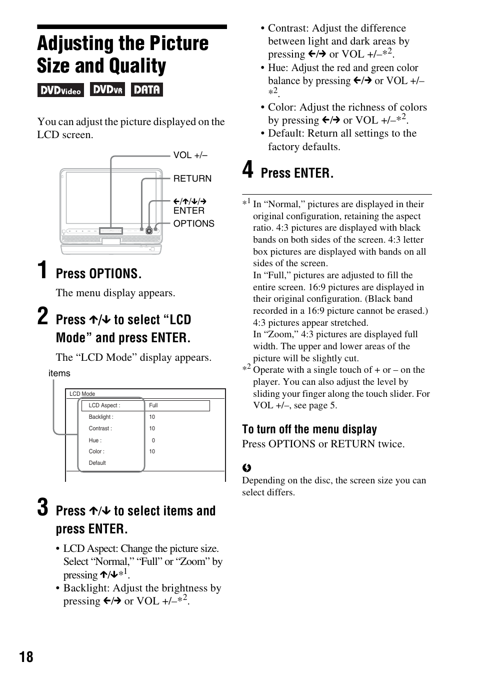 Adjusting the picture size and quality, Press options, Press x / x to select “lcd mode” and press enter | Press x/x to select items and press enter, Press enter | Sony DVP-FX950 User Manual | Page 18 / 40