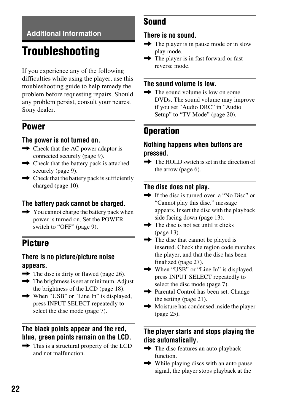Additional information, Troubleshooting, Power | Picture, Sound, Operation | Sony DVP-FX950 User Manual | Page 22 / 40