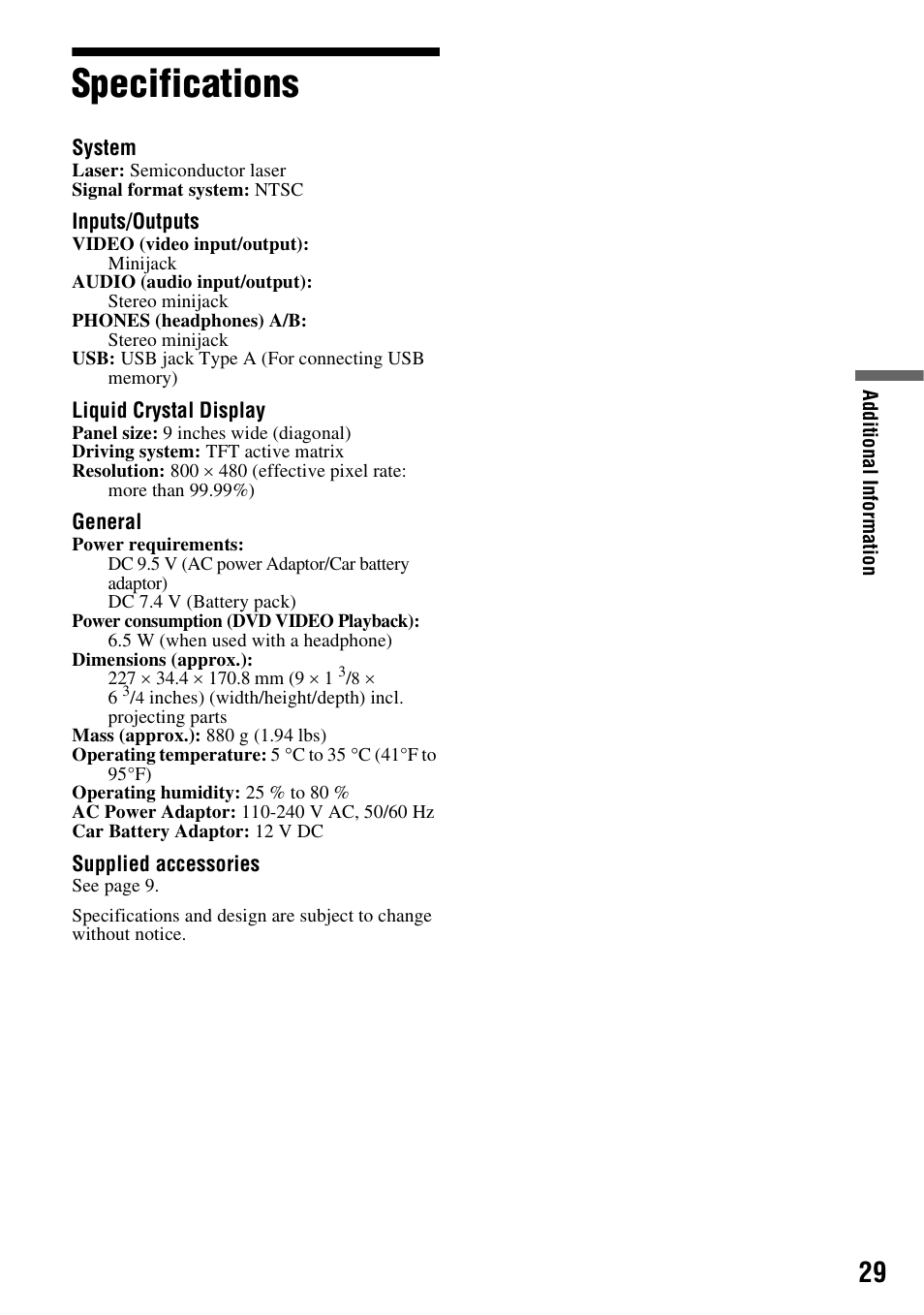 Specifications | Sony DVP-FX950 User Manual | Page 29 / 40