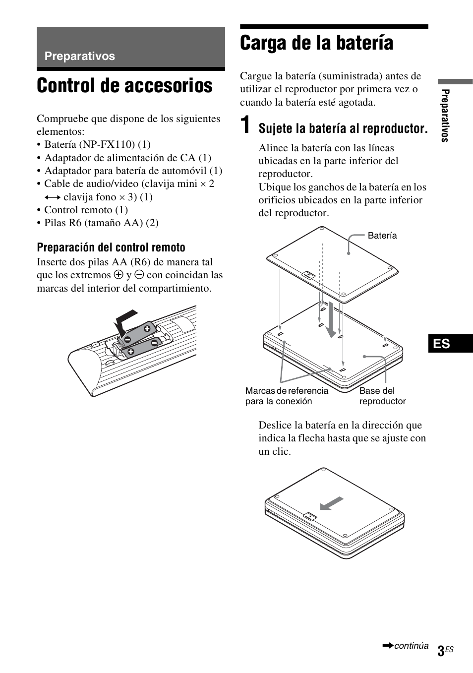 Preparativos, Control de accesorios, Carga de la batería | Control de accesorios carga de la batería | Sony DVP-FX950 User Manual | Page 33 / 40