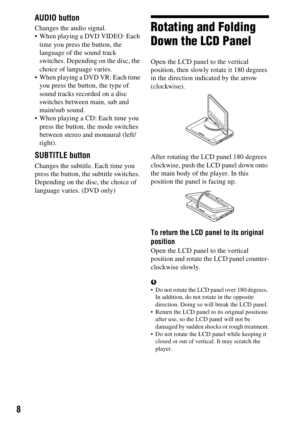Rotating and folding down the lcd panel, Audio button, Subtitle button | Sony DVP-FX950 User Manual | Page 8 / 40