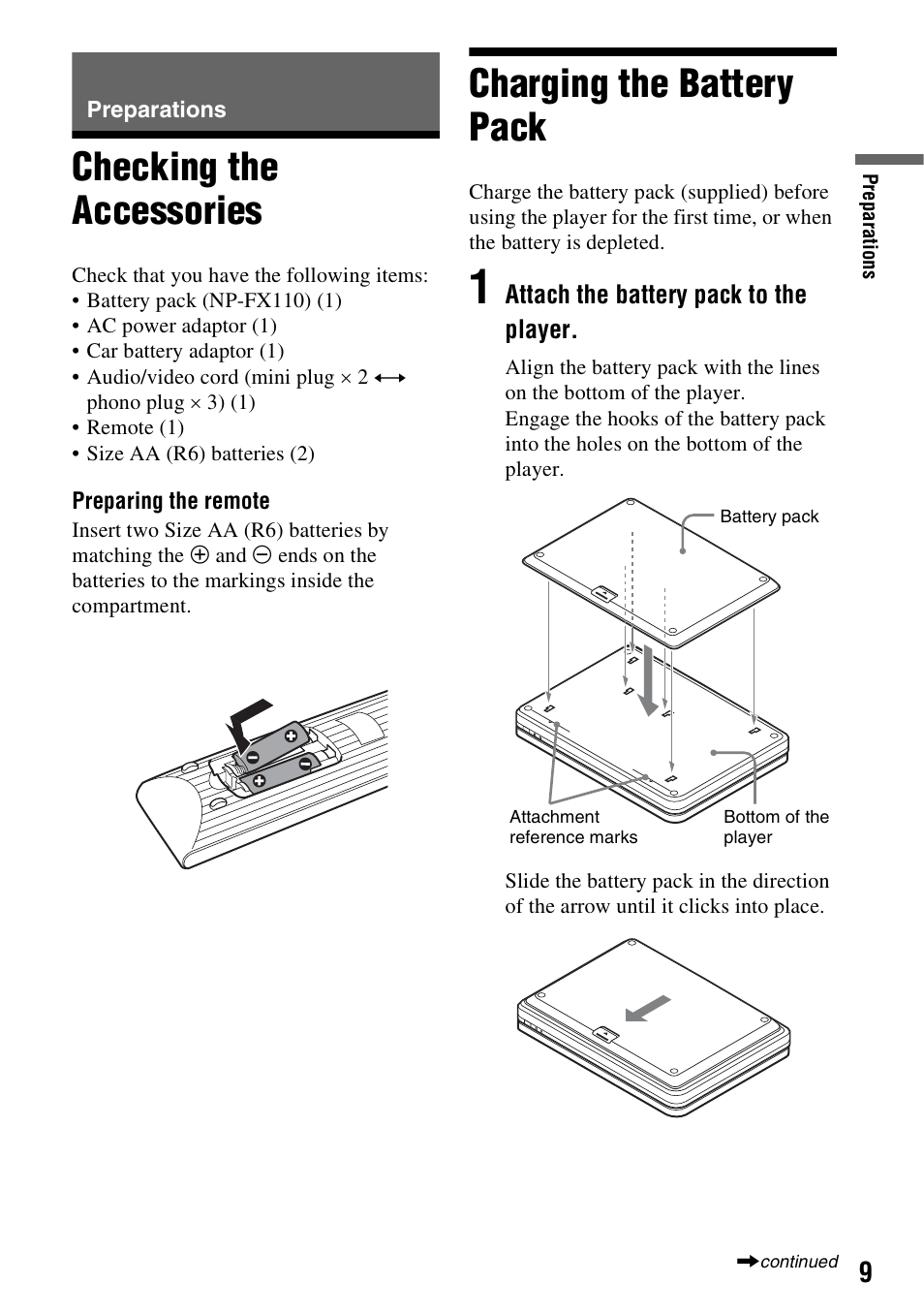 Preparations, Checking the accessories, Charging the battery pack | Checking the accessories charging the battery pack | Sony DVP-FX950 User Manual | Page 9 / 40