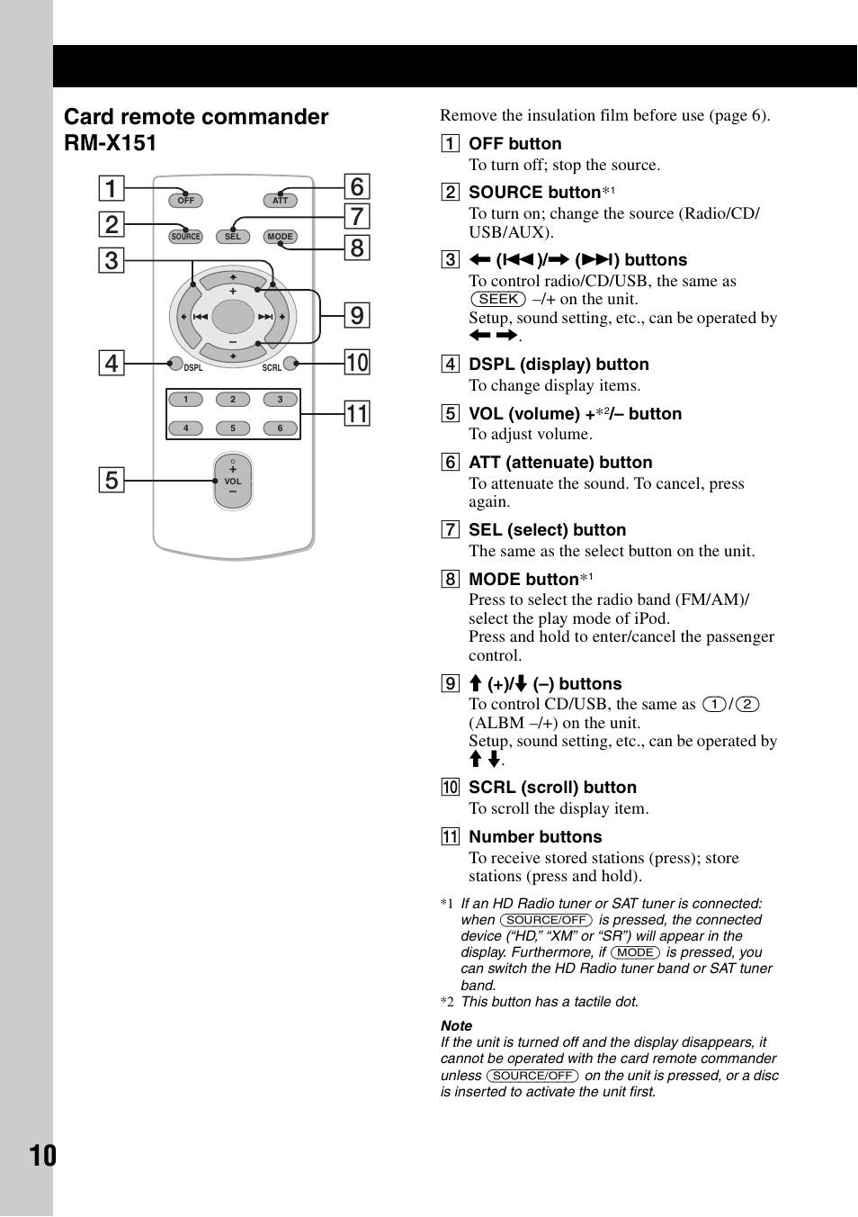 Card remote commander rm-x151 | Sony CDX GT54UIW User Manual | Page 10 / 80