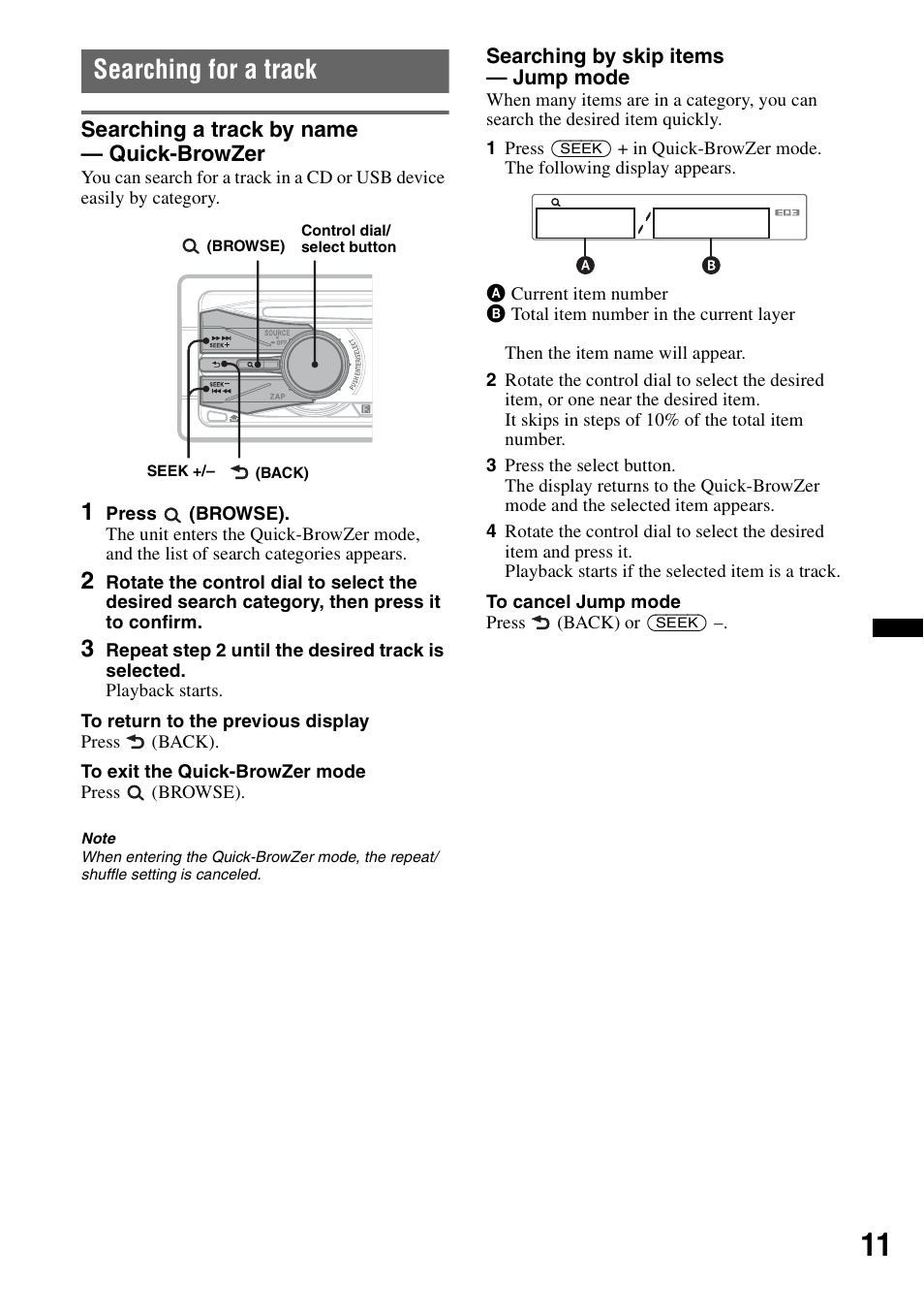 Searching for a track, Searching a track by name - quick-browzer, Searching a track by name — quick-browzer | Sony CDX GT54UIW User Manual | Page 11 / 80