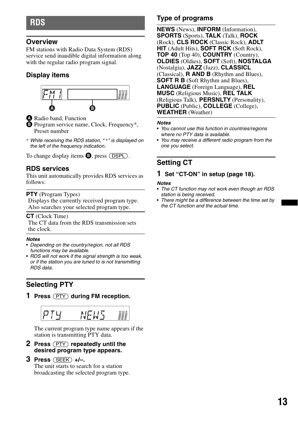 Overview, Selecting pty, Setting ct | Overview selecting pty setting ct | Sony CDX GT54UIW User Manual | Page 13 / 80