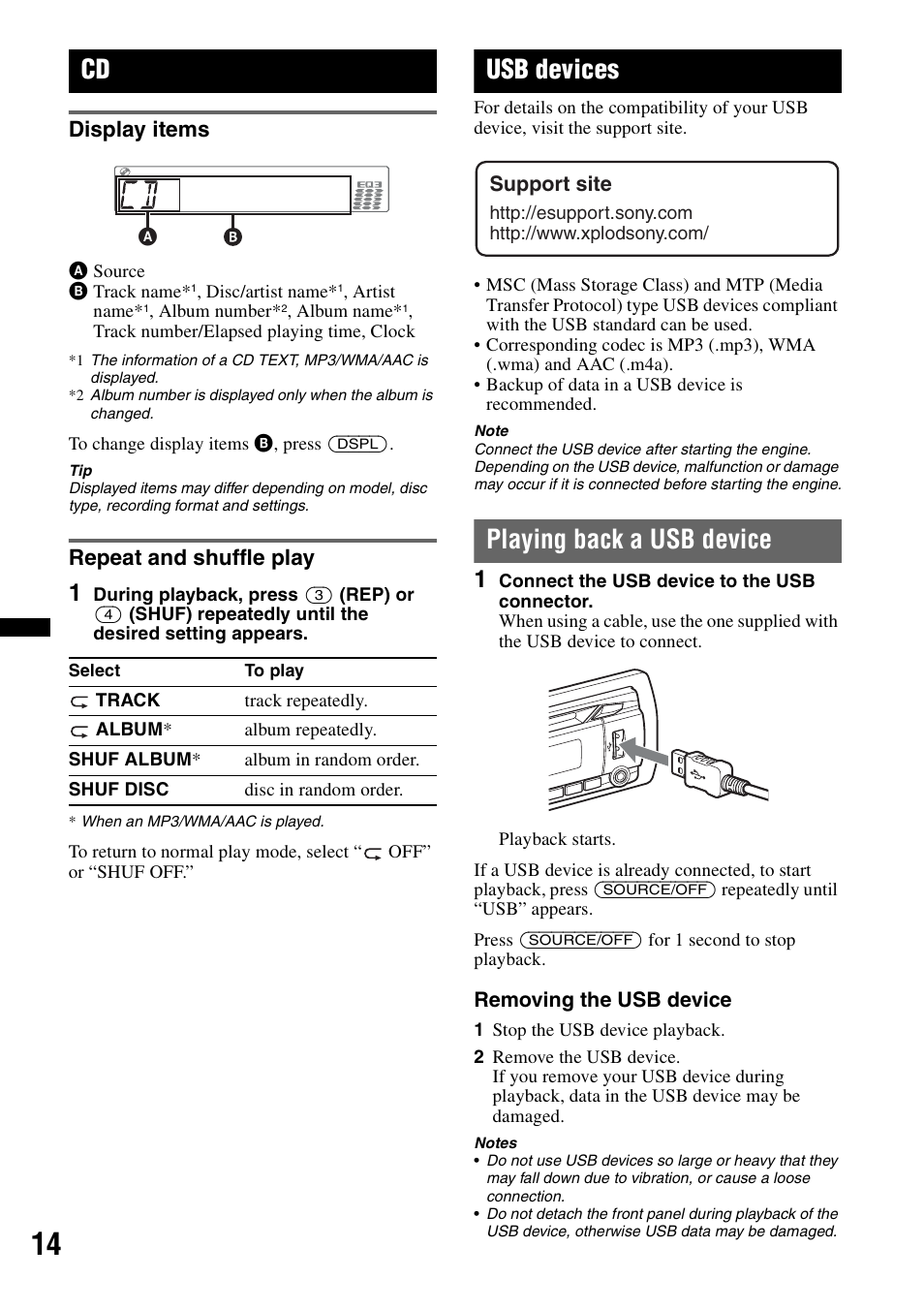 Display items, Repeat and shuffle play, Usb devices | Playing back a usb device, Display items repeat and shuffle play | Sony CDX GT54UIW User Manual | Page 14 / 80