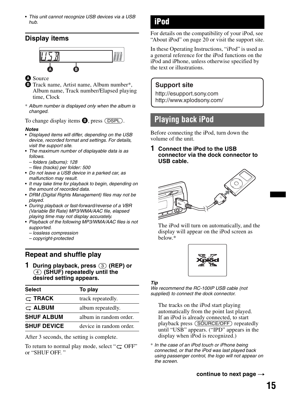 Display items, Repeat and shuffle play, Ipod | Playing back ipod, Display items repeat and shuffle play, Support site | Sony CDX GT54UIW User Manual | Page 15 / 80
