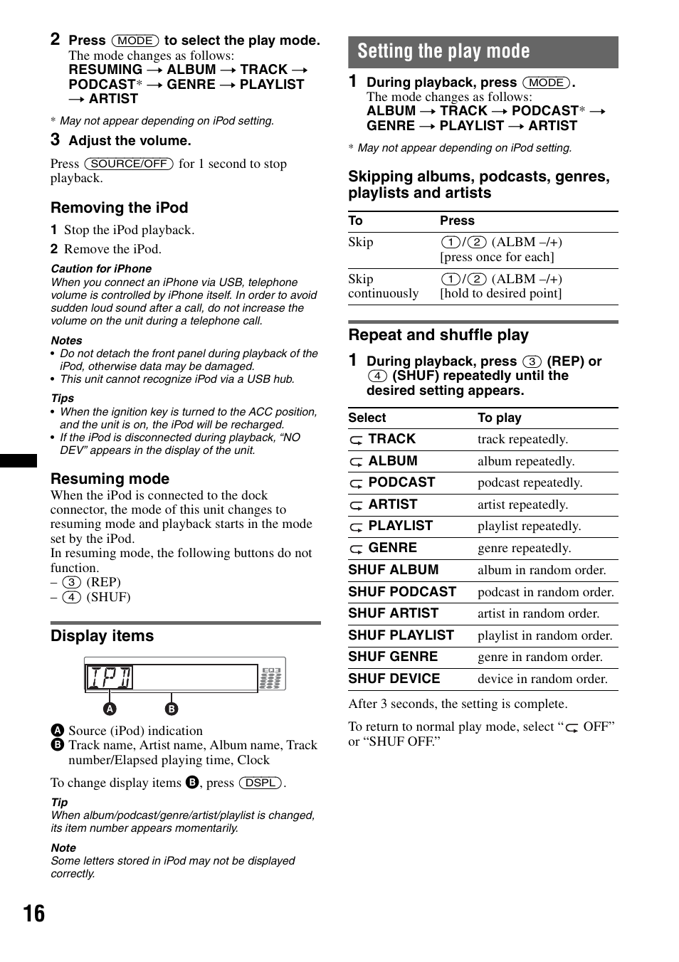 Display items, Setting the play mode, Repeat and shuffle play | Sony CDX GT54UIW User Manual | Page 16 / 80