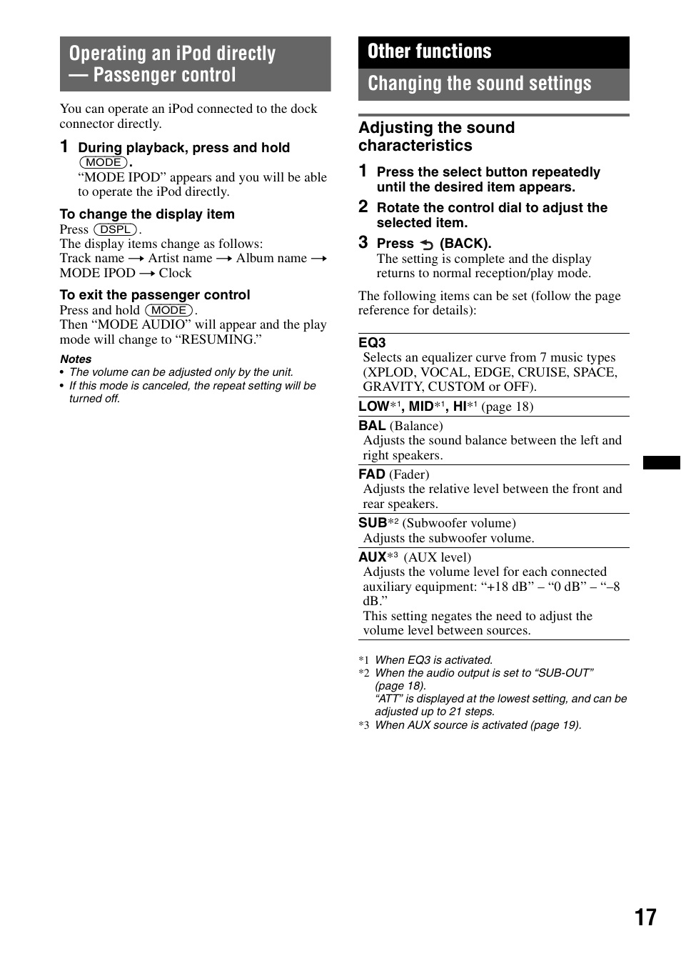 Operating an ipod directly - passenger control, Other functions, Changing the sound settings | Adjusting the sound characteristics, Operating an ipod directly — passenger control, Other functions changing the sound settings | Sony CDX GT54UIW User Manual | Page 17 / 80