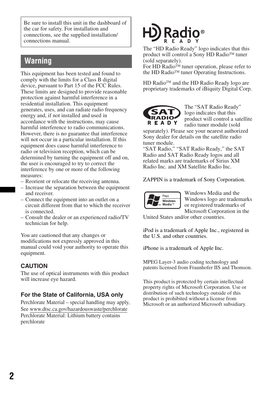 Warning | Sony CDX GT54UIW User Manual | Page 2 / 80