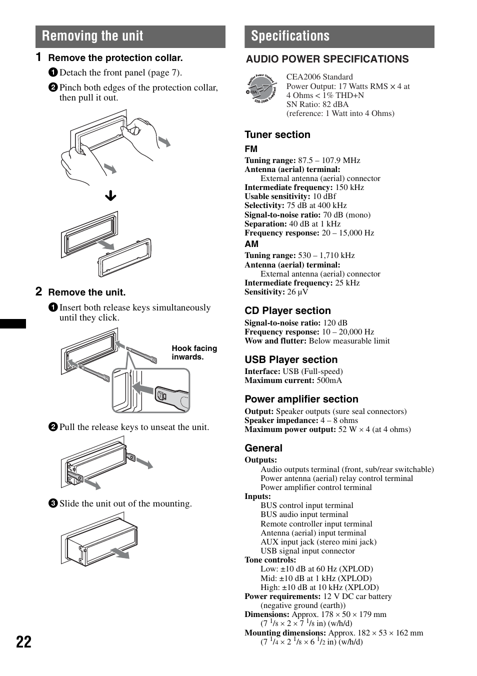 Removing the unit, Specifications, Removing the unit specifications | Sony CDX GT54UIW User Manual | Page 22 / 80