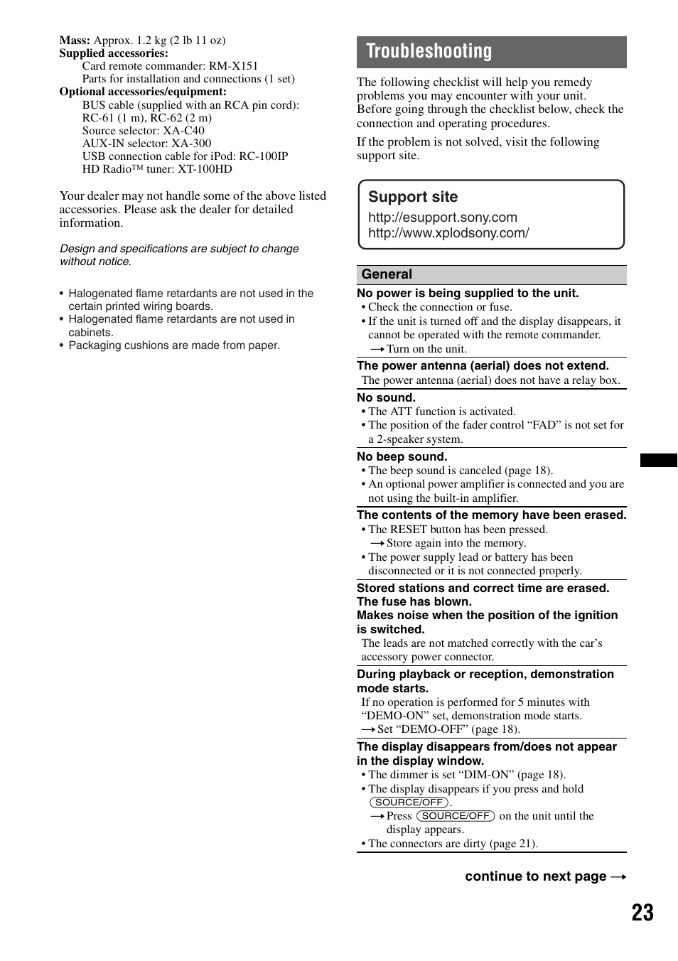 Troubleshooting, Support site | Sony CDX GT54UIW User Manual | Page 23 / 80